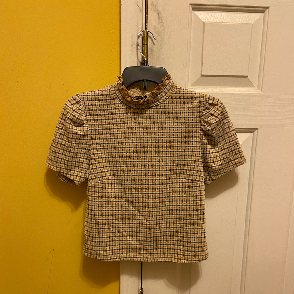 Ruffled turtle neck short-sleeve tartan/plaid/checkered print shirt